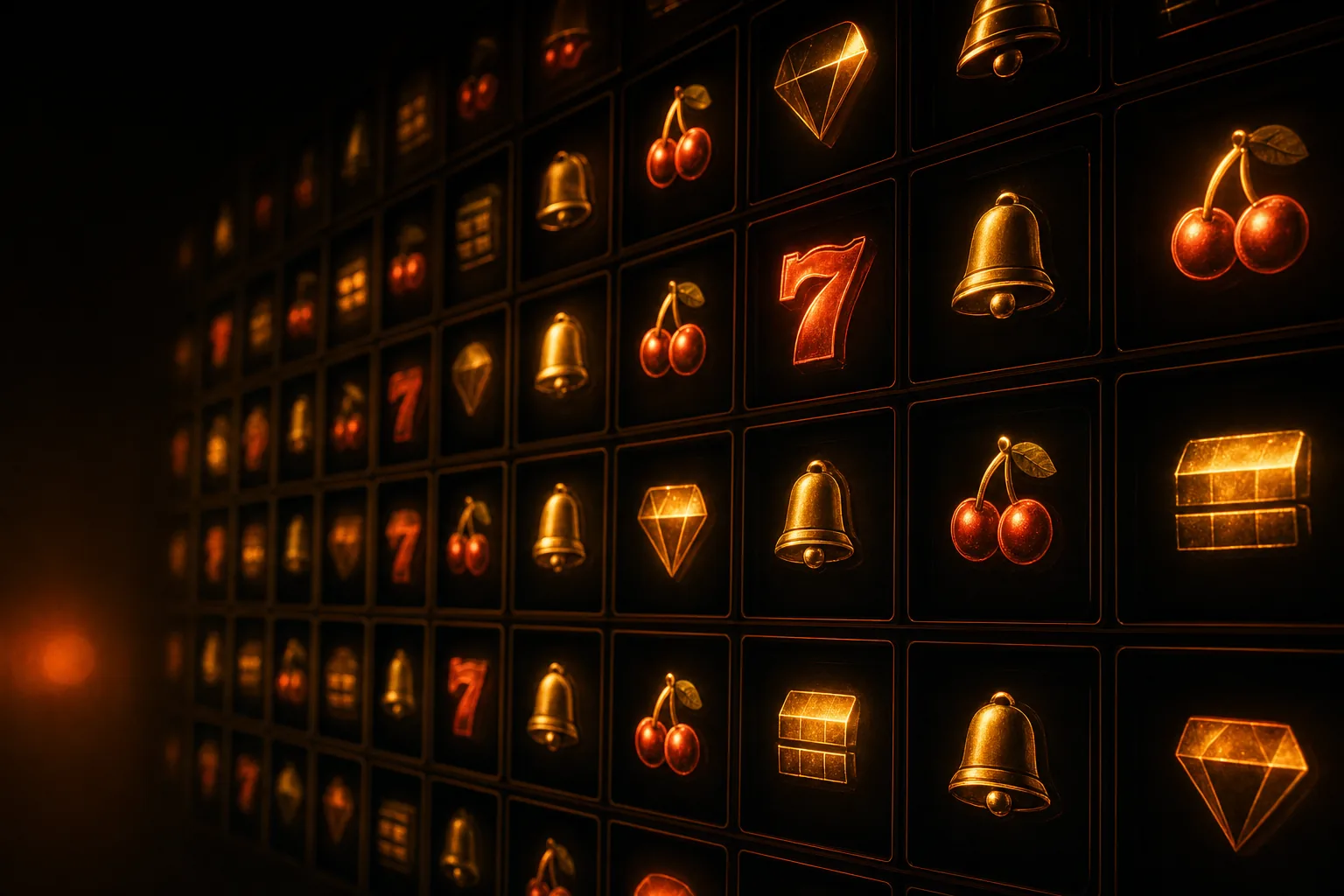 A wall of illuminated slot game tiles arranged in a grid, receding into darkness
